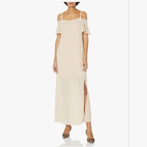 MOON RIVER Tan Cold Shoulder Knit Maxi Dress
